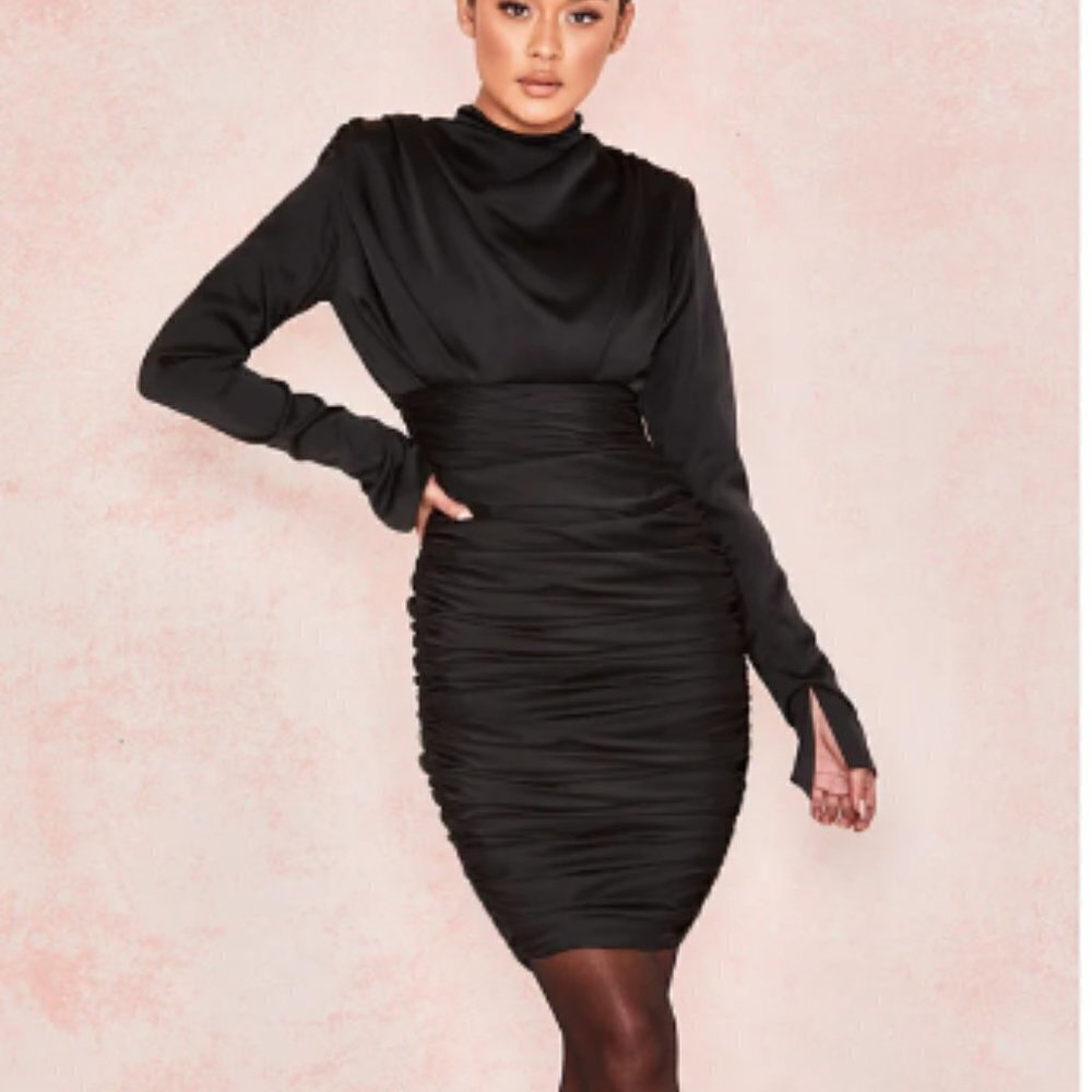House of CB Giorgiana Satin Ruched Mini Dress in Black sz S
